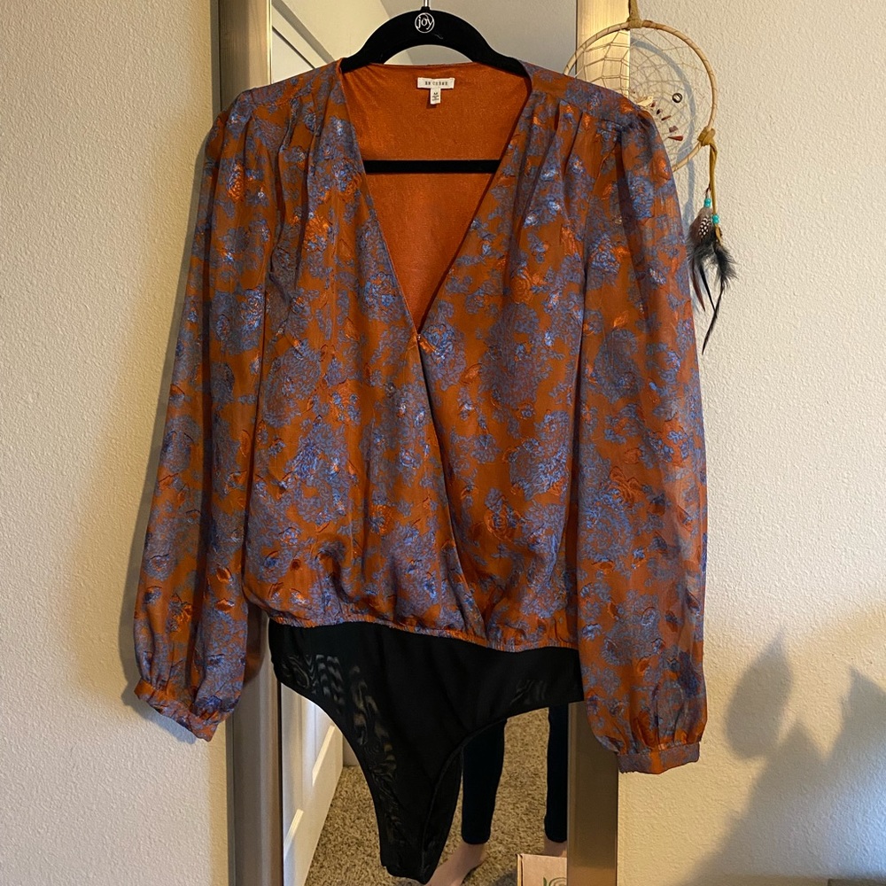 Floral Rust and Blue Long-Sleeve Bodysuit